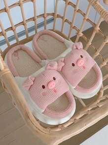 女士可愛豬設計亞麻家居拖鞋，適用於春夏秋季 - 彩色 - 查看 6