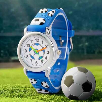 1入全新藍色運動足球休閒男女兒童石英手錶