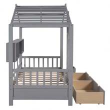 Wooden Twin Size House Bed With 2 Drawers,Kids Bed With Storage Shelf, Gray - Grey - View 9