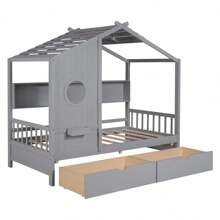 Wooden Twin Size House Bed With 2 Drawers,Kids Bed With Storage Shelf, Gray - Grey - View 7