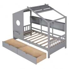 Wooden Twin Size House Bed With 2 Drawers,Kids Bed With Storage Shelf, Gray - Grey - View 8