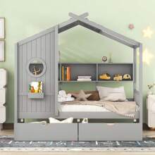 Wooden Twin Size House Bed With 2 Drawers,Kids Bed With Storage Shelf, Gray - Grey - View 3