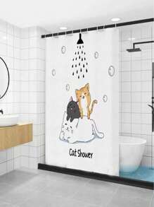 1pc Cartoon Cat Shower Curtain With Flower-Printed Showerheads Design,Waterproof And Mildew Resistant Used As Bathroom Partition Or Bathtub Shelter Home Bathroom Decor Fall Decor Bathroom Accessories Back To School