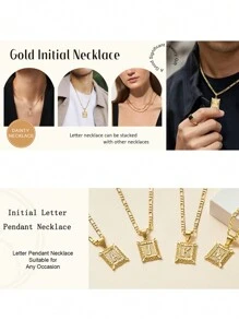 Collar colgante con inicial para mujeres y hombres, collar con monograma de letra mayúscula cuadrada, collar con cadena de con alfabeto de A a Z para mujeres y hombres