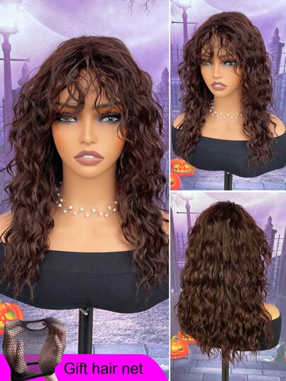 Brown wig with bangs, Natural Messy Medium Length Curly Hair, Synthetic Wig, Suitable For Daily Gatherings And Halloween Wigs