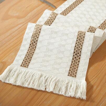 1 件复古亚麻编织流苏桌旗，农舍蕾丝，钩针设计，适用于咖啡桌、梳妆台、电视柜、餐桌、家居装饰、家庭聚会、节日、室内室外、野餐、派对、婚礼装饰