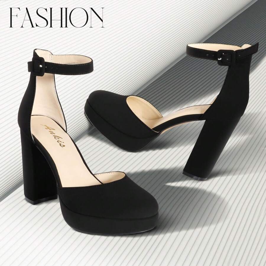 Women Platform Closed Toe Heels Womens Heels Closed Round Toe Chunky Block Pumps Shoes 4 Inch - Black Nubuck - View 1