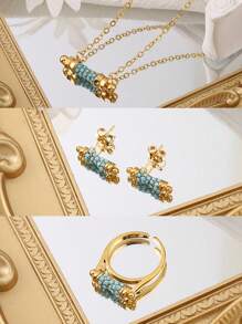 1set Simple Copper Plated Blue Stone Inlay Ear Studs Ring Necklace Jewelry Set Suitable For Women's Daily Wear - Yellow Gold - View 3