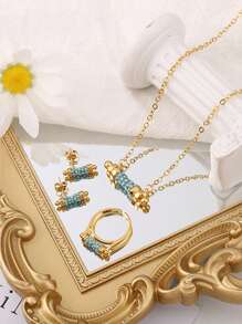 1set Simple Copper Plated Blue Stone Inlay Ear Studs Ring Necklace Jewelry Set Suitable For Women's Daily Wear - Yellow Gold - View 2