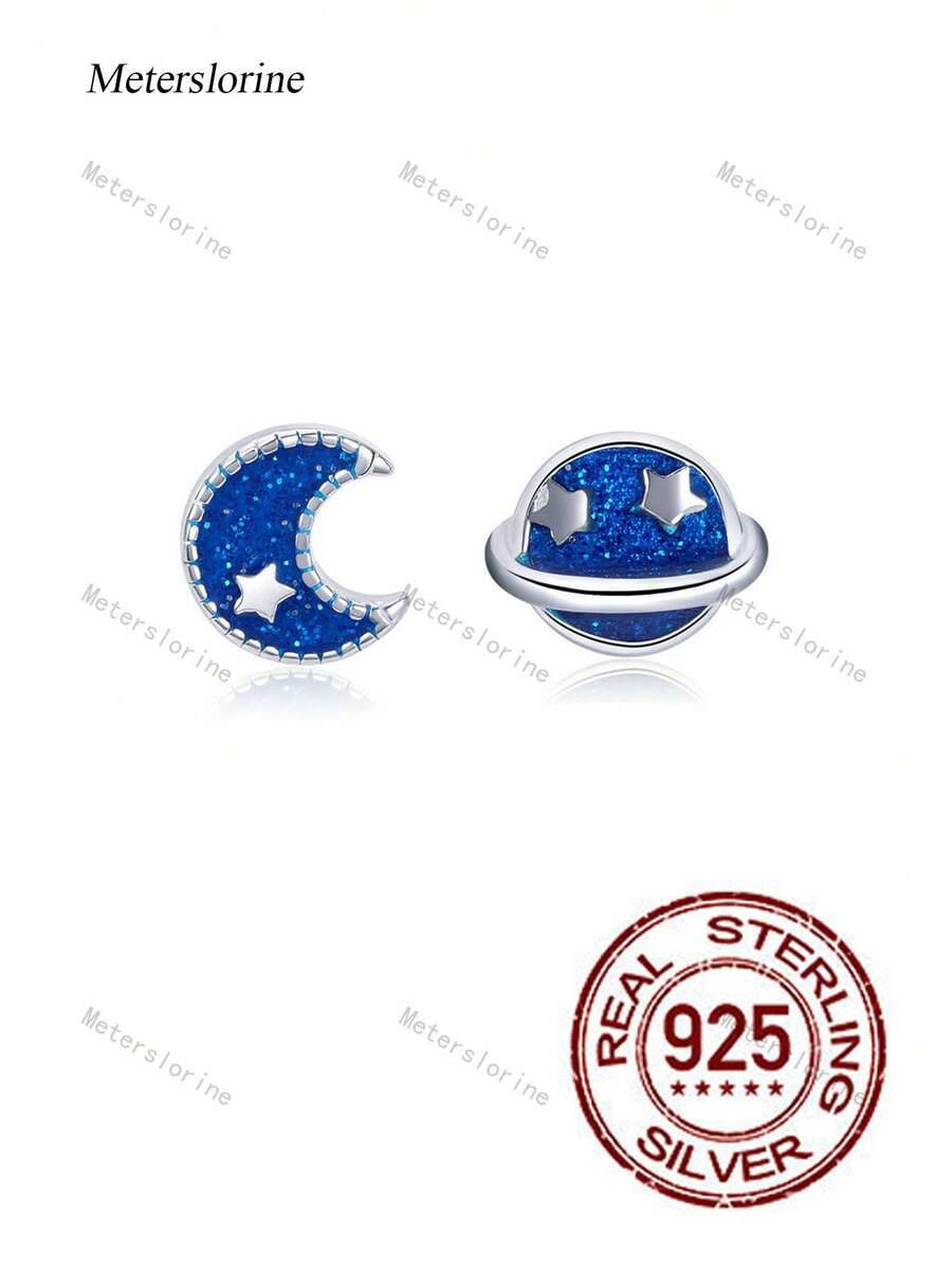 1對時尚925銀藍色星球&月亮耳針,適合女性日常佩戴