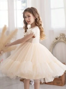 Đầm voan màu mơ cho bé gái, đầm công chúa thích hợp cho tiệc sinh nhật, đám cưới, cuộc thi sắc đẹp, lễ tốt nghiệp, trình diễn thời trang. - Màu be - Xem 5