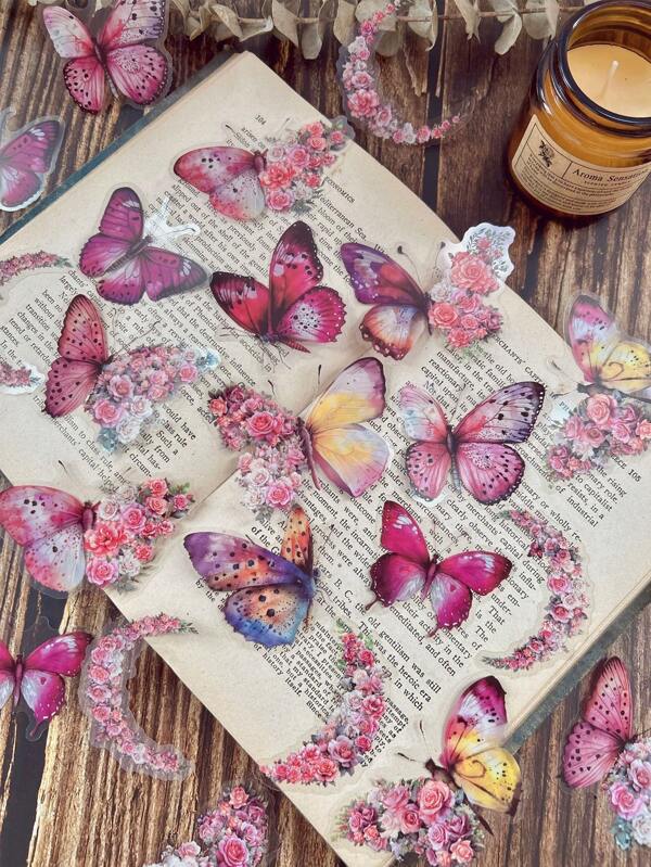 1 包/30 件蝴蝶、月亮、花朵拼貼防水貼紙,適合剪貼簿、日記、diy 裝飾