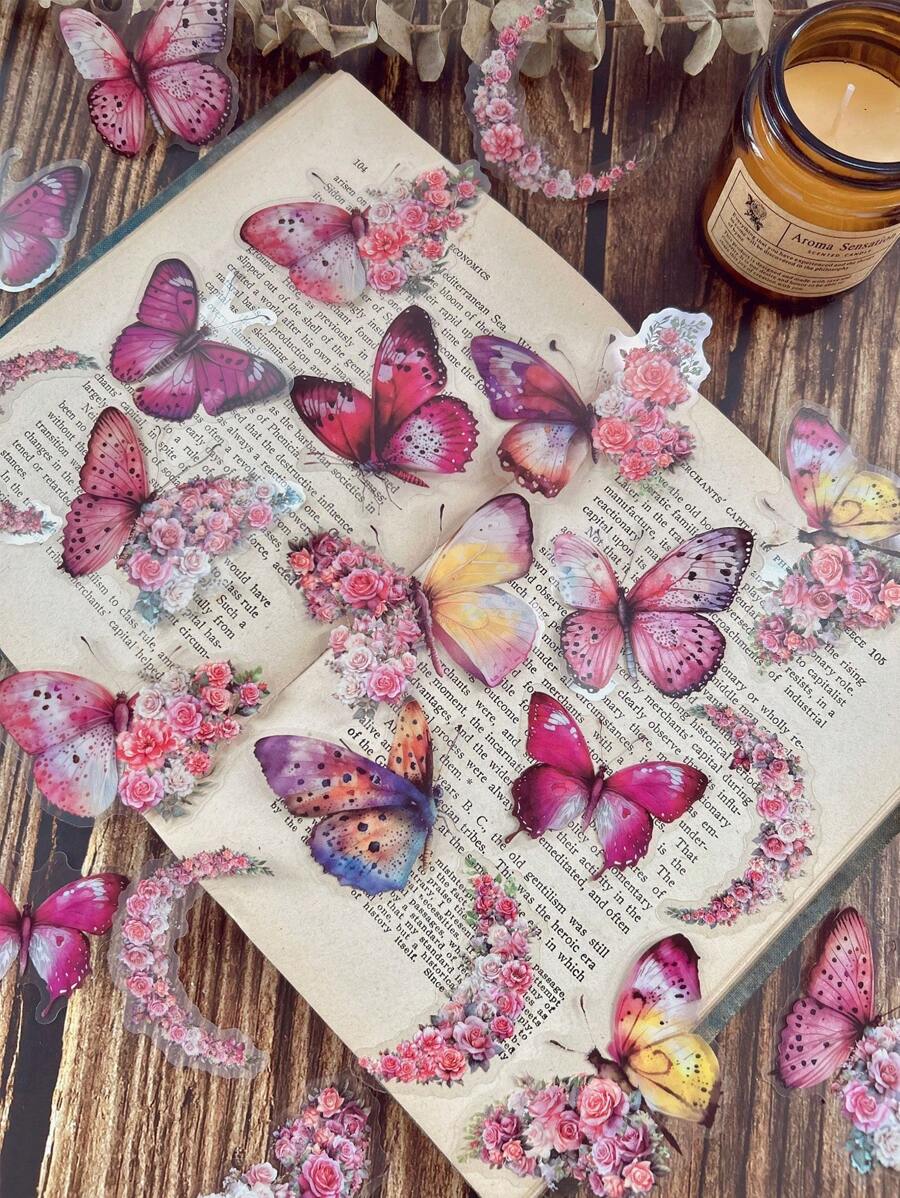 1 包/30 件蝴蝶、月亮、花朵拼貼防水貼紙,適合剪貼簿、日記、diy 裝飾 - 彩色 - 查看 1