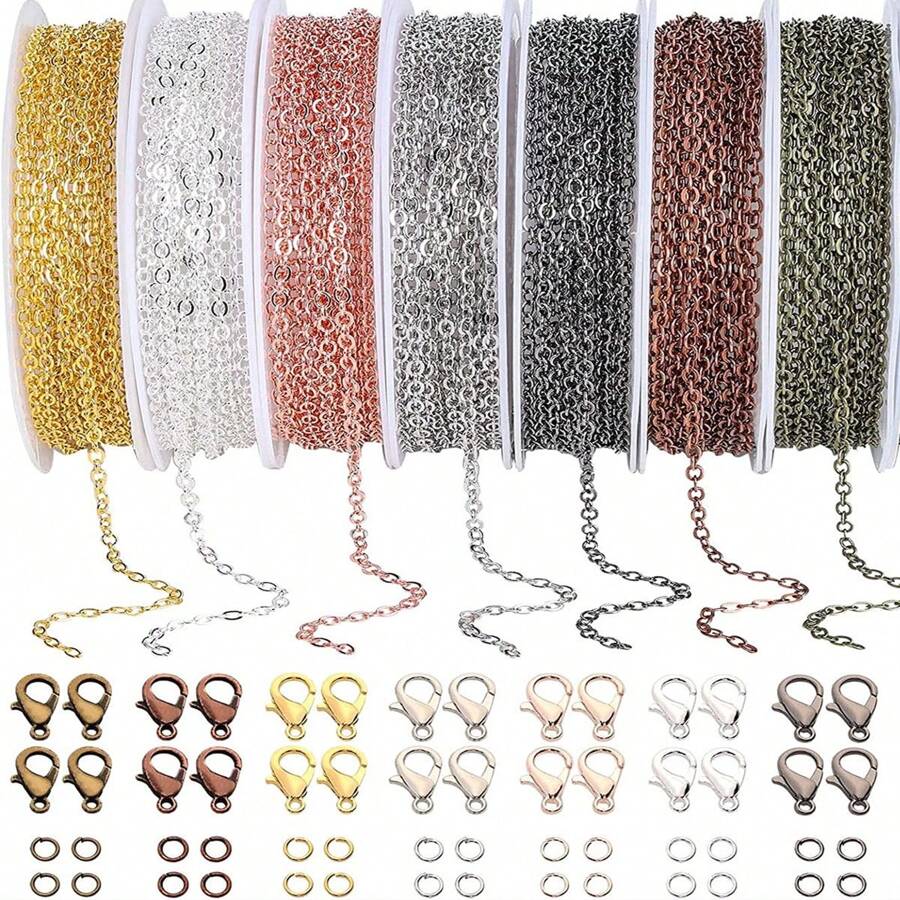 30-115 Feet Chain Coil Kit, 3-7 Colors Jewelry Making Chain Set, Metal Chains With Open Jump Rings And Lobster Clasps For DIY Necklace/Bracelet/Anklet Making,Each Link 2mm In Length And 1.7mm In Width (Options Available: 1 Set Of 7 Colors, 1 Set Of 6 Colors, 1 Set Of 4 Colors, 1 Set Of 3 Colors) (Note: Slight Color Difference May Exist Due To Different Manufacturing Batches)