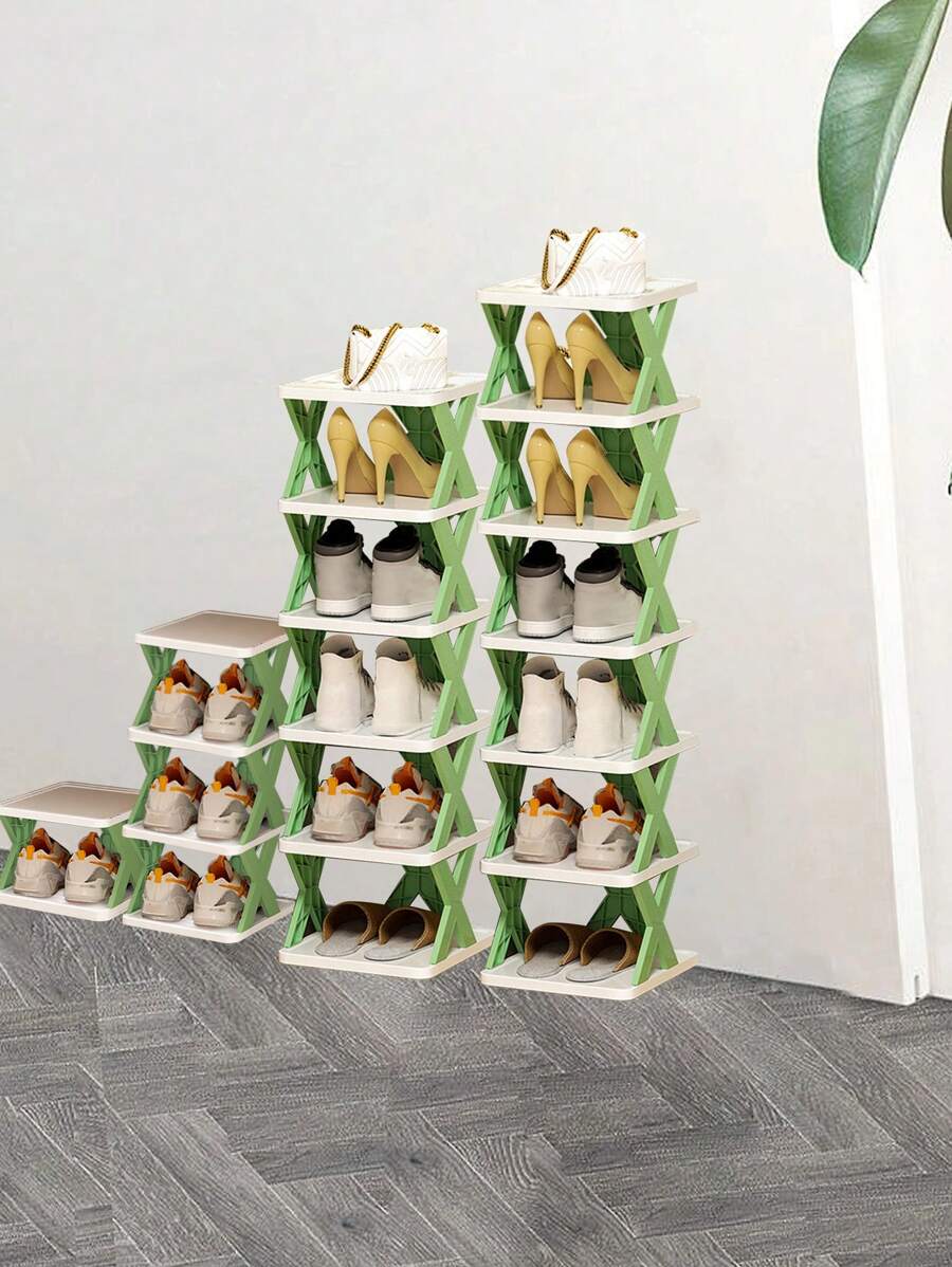 1pc Plastic Shoe Rack, No Installation Needed, Easy Indoor Home Storage Organizer, Foldable Shoe Cabinet, Minimalist Style - Green - View 1