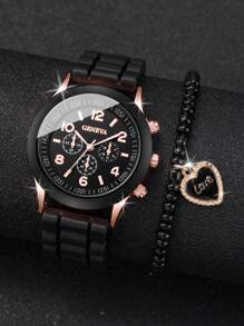 女士石英腕錶,帶矽膠錶帶、三個小錶盤和愛心串珠手鍊套裝(2 件/套)