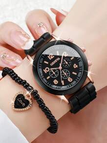 女士石英腕錶,帶矽膠錶帶、三個小錶盤和愛心串珠手鍊套裝(2 件/套)