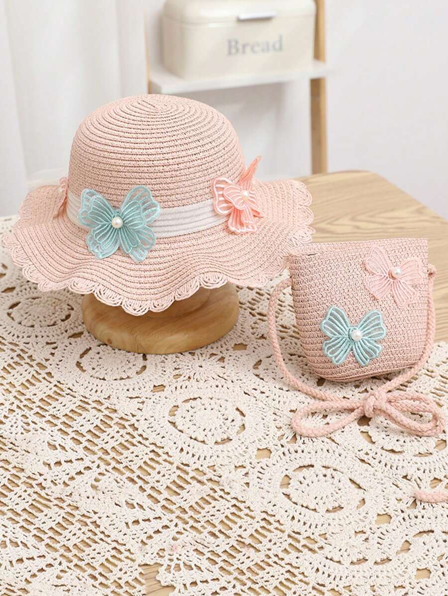 1 套女孩公主風格帽子,包括網狀蝴蝶帽、荷葉邊草帽、公主手提包,適合日常佩戴、海灘和戶外活動 - 粉色 - 查看 1