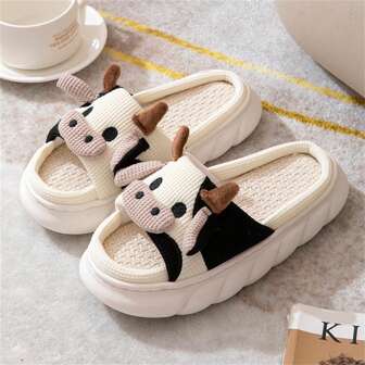 Unisex Cute Cow Decor Thick-soled Cartoon Indoor/outdoor Slippers Made Of Linen, Anti-skid & Warm, Suitable For All Seasons
