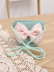 1 Set Princess Style Hat For Girls, Summer Edition, Pearl Flower & Bowknot Design, Sun-Proof, Suitable For Beach Trips And Daily Outings. - Green - View 3