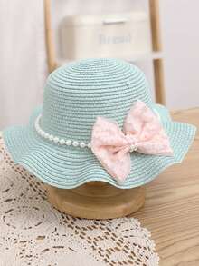 1 Set Princess Style Hat For Girls, Summer Edition, Pearl Flower & Bowknot Design, Sun-Proof, Suitable For Beach Trips And Daily Outings. - Green - View 5