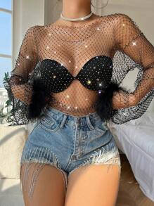 Của phụ nữ Gợi cảm Ngọc trai Giả Pha lê Lưới trong suốt Lưới Lưới Lông vũ Dài Áo thun Top Cây trồng - màu đen - Xem 2