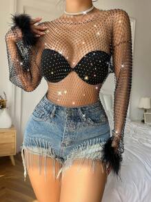 Của phụ nữ Gợi cảm Ngọc trai Giả Pha lê Lưới trong suốt Lưới Lưới Lông vũ Dài Áo thun Top Cây trồng - màu đen - Xem 1