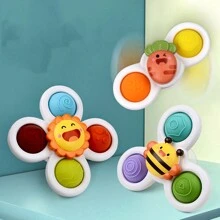 3 pièces/set Jouet toupie avec ventouse bébé au design de dessin animé, fileur de doigt en ABS, anneau de dentition durable pour l'éducation précoce, le développement cognitif et l'exercice des doigts. Convient pour une utilisation quotidienne dans la salle de bain