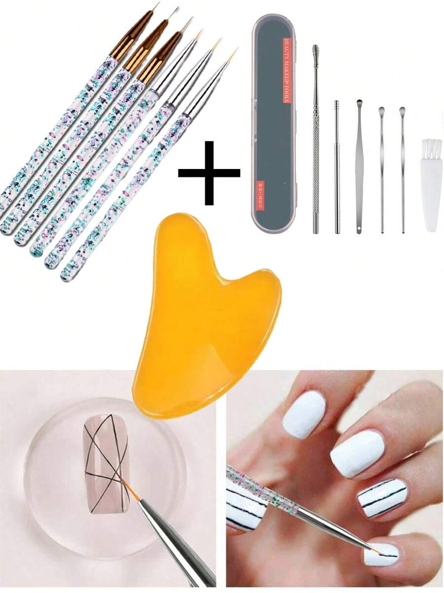 Pincel para trazos finos*3+Cuchara para orejas*1+Pizarra para raspar*1 Mano Alzada Nail Art Uñas Gel - Blanco - Ver 1