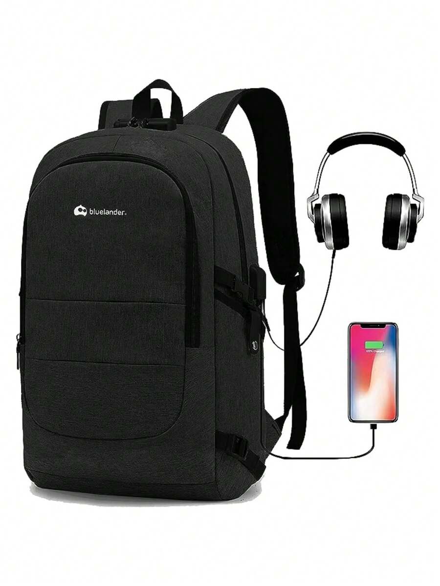 Mochila Antirrobo con Contraseña de Código, Para laptop de 15.6" con Puerto USB y Audífonos. Impermeable ideal para Mujeres y Hombres Modernos. Bluelander. - Negro - Ver 1