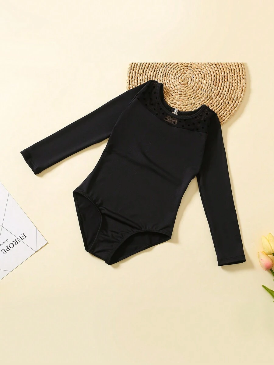 Young Girls' Long Sleeve Mesh Splice Ballet Dance Leotard - Black - View 1