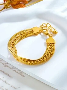 1 Pieza Pulsera De Acero Inoxidable Con Cadena Trenzada De Tres Capas Chapada En Oro Para Decoración - Dorado - Ver 2