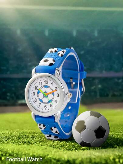 1入全新藍色運動足球休閒男女兒童石英手錶