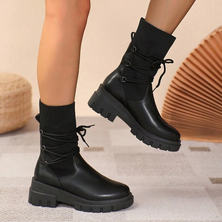 女士彈性踝靴,摩托風格,時尚修身靴子,舒適防滑 - 黑色 - 查看 1