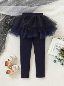 Girls' Navy Blue Mesh Tutu Leggings - Navy Blue - View 2