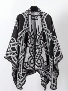 Women's Metallic Thread Open Front Split Shawl, All Seasons - Black and White - View 6