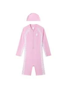 Annil Boys And Girls Summer Long Sleeve Sun Protection Kids One Piece Swimsuit With Swim Cap 2-Piece Set Pink - Pink - View 4