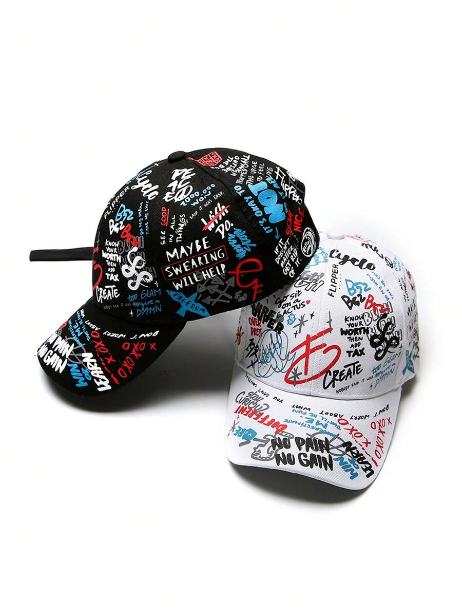 1pc Unisex White No Pain Graffiti Y2k Style Baseball Cap Outdoor Sun Protection Hat Suitable For Outdoor Sports And Daily Commuting - White - View 1