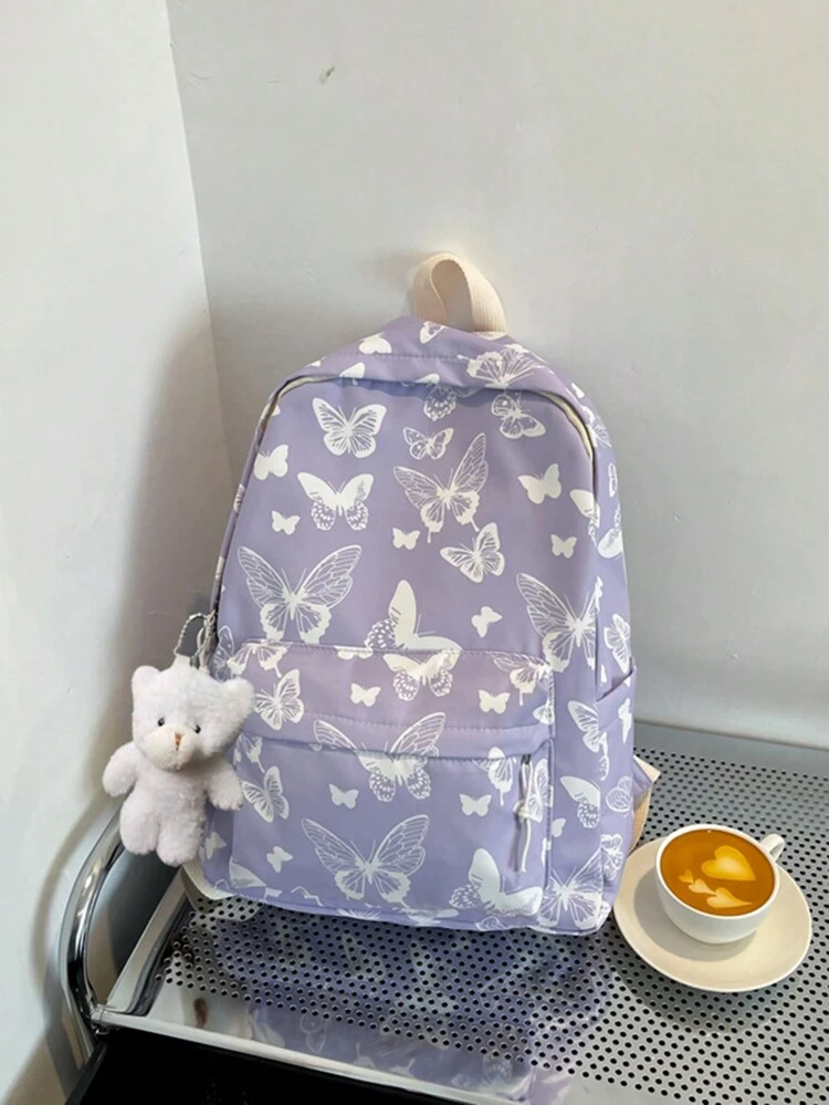 Butterfly Pattern Simple & Versatile Large Capacity Student Backpack With PendantSchool Backpack,School BagCuteFor Teen Girls Women College StudentsMiddle School,High School,Outdoors,Travel,Outings,School Bag,Portable,Laptop Compartment,Large Capacity,For Teen Girls Women College Students,College,Middle School,High School,Outdoors,Travel,Outings,Elementary School,Office , Purple