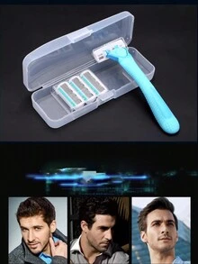 1 Pieza Kit De Afeitado Manual Manscaping Para Hombres Con Estuche, Incluye 4 Cuchillas De Afeitar - Azul - Ver 1