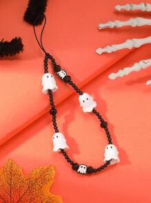 Cordón De Teléfono Con Cuentas Para Mujer, Estilo Halloween, Bricolaje, Con Cuentas Negras Y Colgante De Fantasma Blanco, 1 Ud.