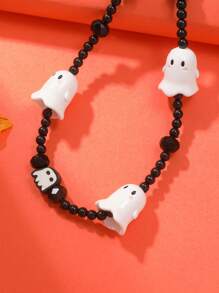 Cordón De Teléfono Con Cuentas Para Mujer, Estilo Halloween, Bricolaje, Con Cuentas Negras Y Colgante De Fantasma Blanco, 1 Ud.