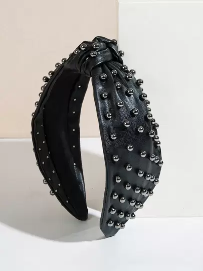1 pieza Diadema elegante de cuero con nudo y perla falsa, accesorio para el cabello, estilo Y2K, diadema, aro para el cabello, negro, accesorio para la cabeza