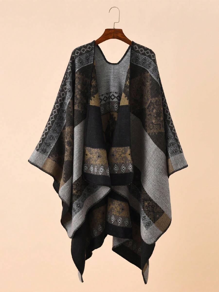 1 件女士复古优雅几何格子图案保暖围巾/披肩，适合秋冬季旅行和日常使用