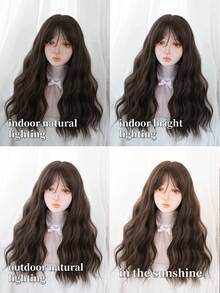 1 peluca marrón fría resistente al calor de fibra sintética con pelo largo y rizado y flequillo, 24 pulgadas de largo, adecuada para uso diario, aspecto natural y realista - Marrón - Ver 8