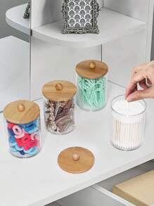 1 Pieza Contenedor De Almacenamiento Transparente Con Tapa De Bambú Para Hilo Dental - Multicolor - Ver 5