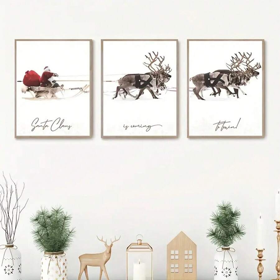 FajerminArt 3入組雪景馴鹿梅花鹿聖誕老人海報,禮品鎮藝術畫布,聖誕節牆藝術,適用於客廳家飾,不含相框 - 彩色 - 查看 1