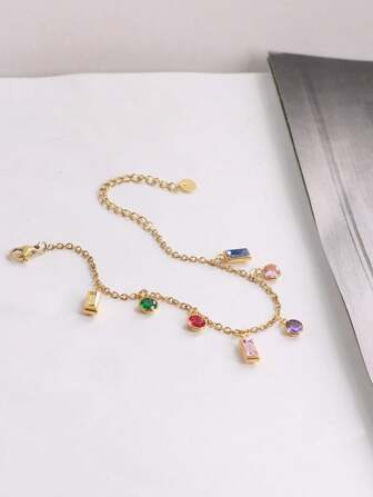 1條韓式金色幾何設計多彩鑽石裝飾不銹鋼鏈手鏈,適合女性日常佩戴