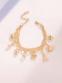 CVNANA 1入組8吊墜夏天高跟鞋,心,貝殼吊墜手環適用於海洋和海灘戀人,生日禮物帶皇冠和埃菲爾鐵塔手鏈 - 金黃色 - 查看 5