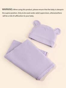 帽子和湯布毯套裝,舒適的卡通耳朵造型新生兒帽子和包裝毯 - 紫色 - 查看 3